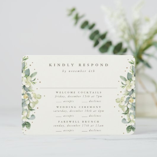 Greige Snowberry+Eucalyptus Bruiloft Multi-Event RSVP Kaartje (Staand voorkant)