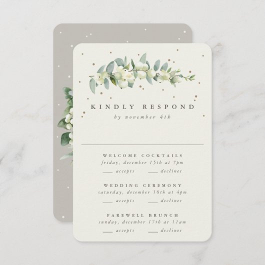 Greige Snowberry+Eucalyptus Bruiloft Multi-Event RSVP Kaartje (Voorkant / Achterkant)