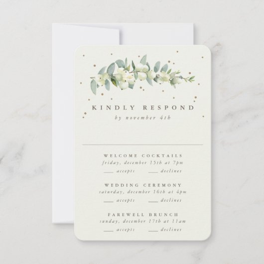 Greige Snowberry+Eucalyptus Bruiloft Multi-Event RSVP Kaartje (Voorkant)