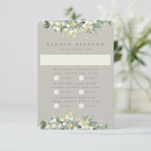 Greige Snowberry+Eucalyptus Bruiloft Multi-Event RSVP Kaartje (Staand voorkant)