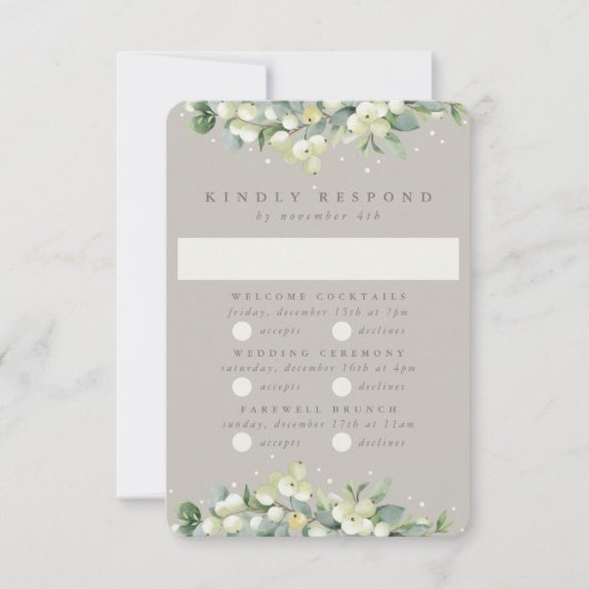 Greige Snowberry+Eucalyptus Bruiloft Multi-Event RSVP Kaartje (Voorkant)