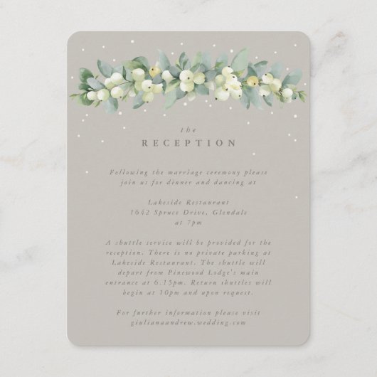 Greige Snowberry + Eucalyptus bruiloft receptie Informatiekaartje (Voorkant)