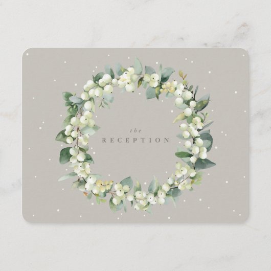 Greige Snowberry + Eucalyptus bruiloft receptie Informatiekaartje (Achterkant)