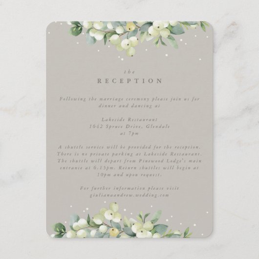 Greige Snowberry + Eucalyptus bruiloft receptie Informatiekaartje (Voorkant)