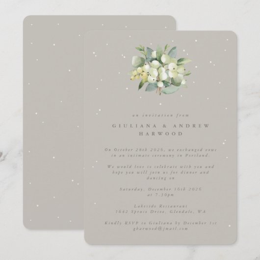 Greige Snowberry + Eucalyptus bruiloft receptie Kaart (Voorkant / Achterkant)