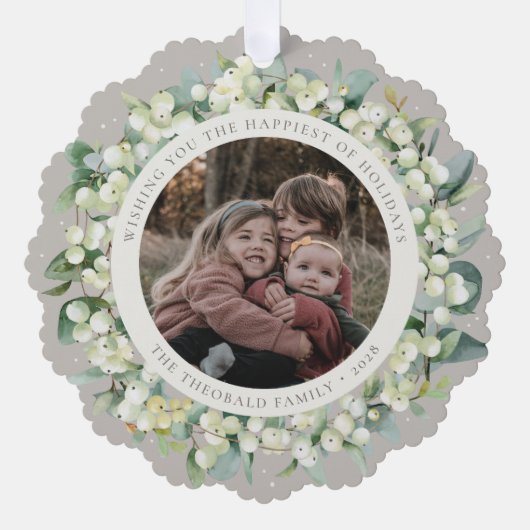 Greige Snowberry+Eucalyptus Holiday Wreath Photo Ornament Kaart (Voorkant)