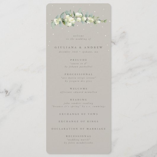 Greige Snowberry + Eucalyptus Stamwinter Bruiloft Programmakaart (Voorkant)