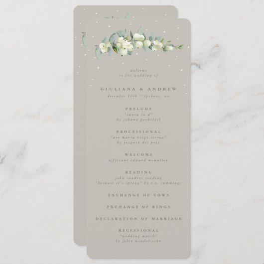 Greige Snowberry + Eucalyptus Stamwinter Bruiloft Programmakaart (Voorkant / Achterkant)