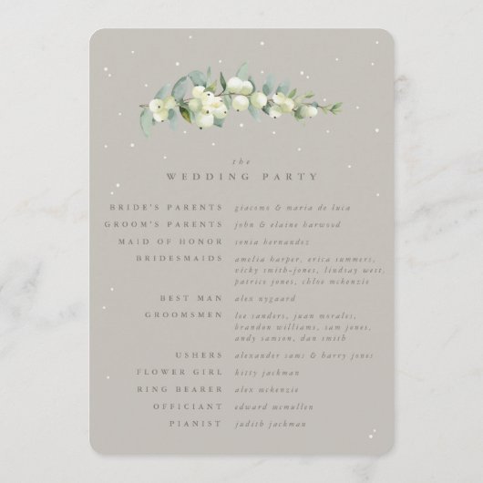 Greige Snowberry + Eucalyptus Stamwinter Bruiloft Programmakaart (Achterkant)