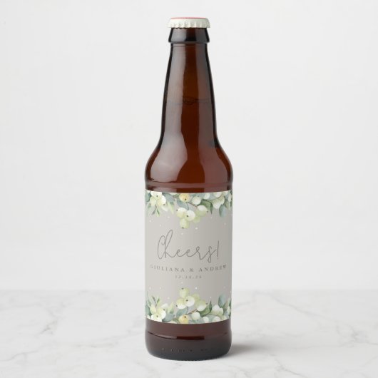 Greige Snowberry + Eucalyptus Winter bruiloft Bier Etiket (Voorkant)