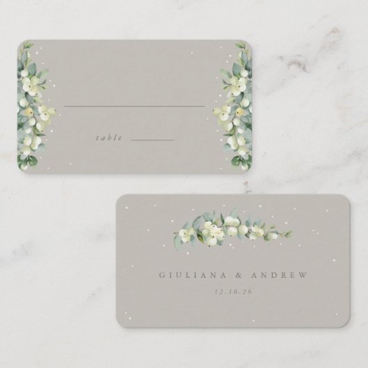Greige Snowberry + Eucalyptus Winter Bruiloft Flat Plaatskaartje (Voorkant / Achterkant)