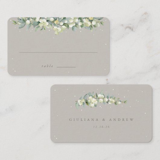 Greige Snowberry + Eucalyptus Winter Bruiloft Flat Plaatskaartje (Voorkant / Achterkant)