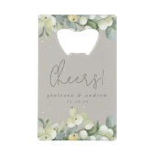 Greige Snowberry + Eucalyptus Winter Bruiloft Mini Creditkaart Flessenopener (Voorkant)
