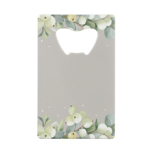 Greige Snowberry + Eucalyptus Winter Bruiloft Mini Creditkaart Flessenopener (Achterkant)
