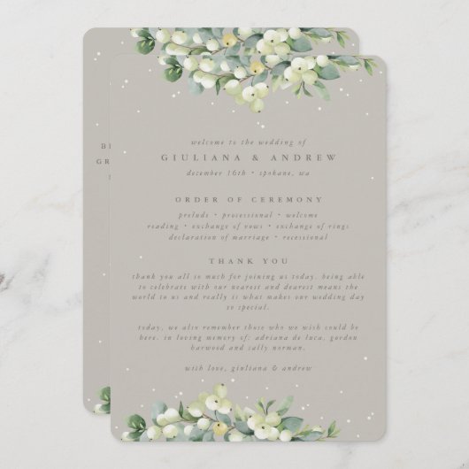 Greige Snowberry + Eucalyptus Winter bruiloft Programmakaart (Voorkant / Achterkant)