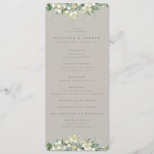 Greige Snowberry + Eucalyptus Winter bruiloft Programmakaart (Voorkant)