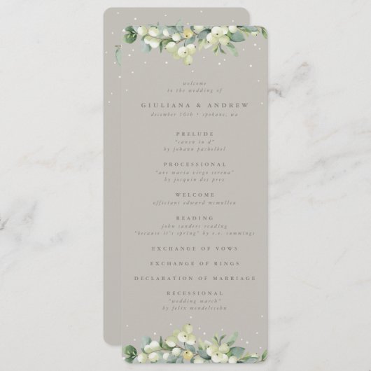 Greige Snowberry + Eucalyptus Winter bruiloft Programmakaart (Voorkant / Achterkant)