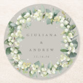 Greige Snowberry + Eucalyptus Winter bruiloft Ronde Kartonnen Onderzetter (Voorkant)