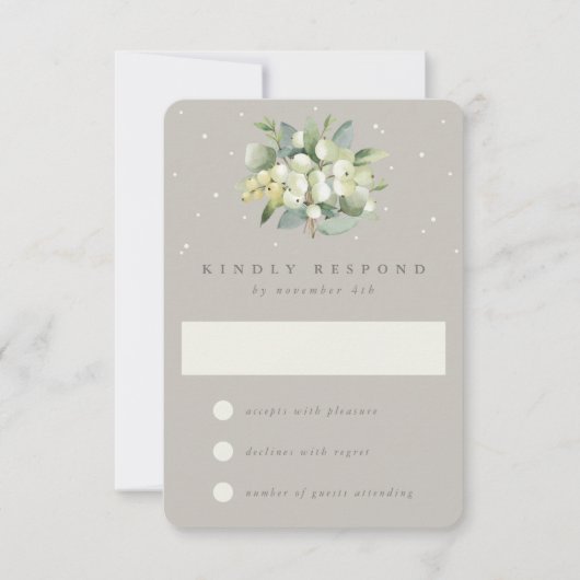 Greige Snowberry + Eucalyptus Winter bruiloft RSVP Kaartje (Voorkant)