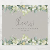 Greige Snowberry + Eucalyptus Winter bruiloft Sparkling Wijnetiket (Enkel label)