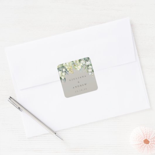 Greige Snowberry + Eucalyptus Winter bruiloft Vierkante Sticker (Envelop)