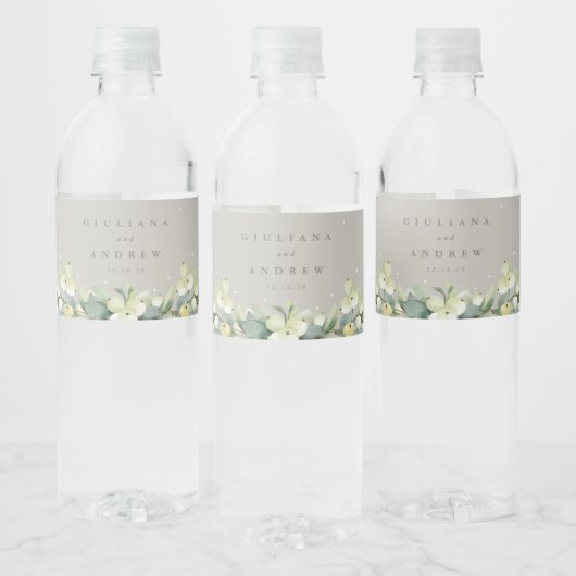 Greige Snowberry + Eucalyptus Winter bruiloft Waterfles Etiket (Flessen)