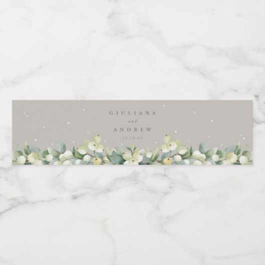 Greige Snowberry + Eucalyptus Winter bruiloft Waterfles Etiket (Enkel label)