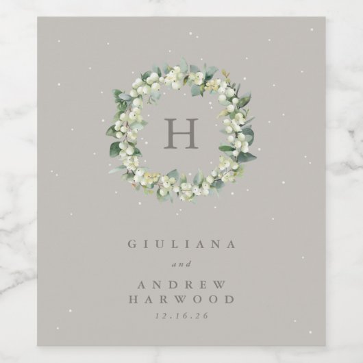 Greige Snowberry + Eucalyptus Winter bruiloft Wijn Etiket (Enkel label)