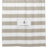 Greige Stripe Familienaam & Monogram Douchegordijn (Voorkant)