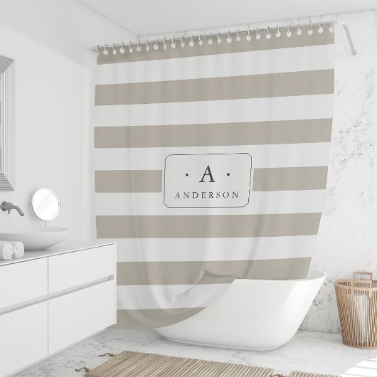 Greige Stripe Familienaam & Monogram Douchegordijn