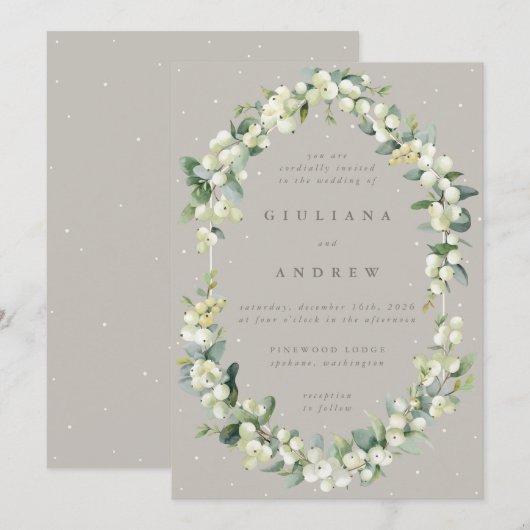 Greige / Taupe Snowberry + Eucalyptus Winter Weddi Kaart (Voorkant / Achterkant)