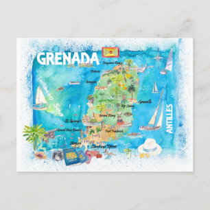 Grenada Antilles Illustrated Caribbean Travel Map Briefkaart