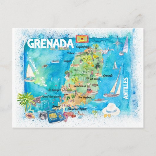 Grenada Antilles Illustrated Caribbean Travel Map Briefkaart (Voorkant)