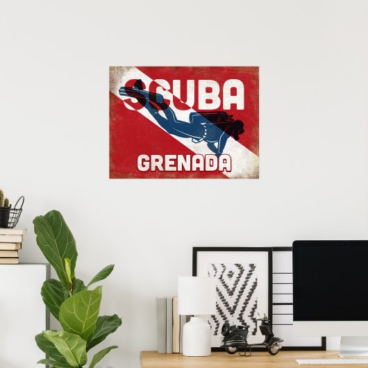 Grenada Scuba Diver - Blue Retro Poster (Thuiskantoor)