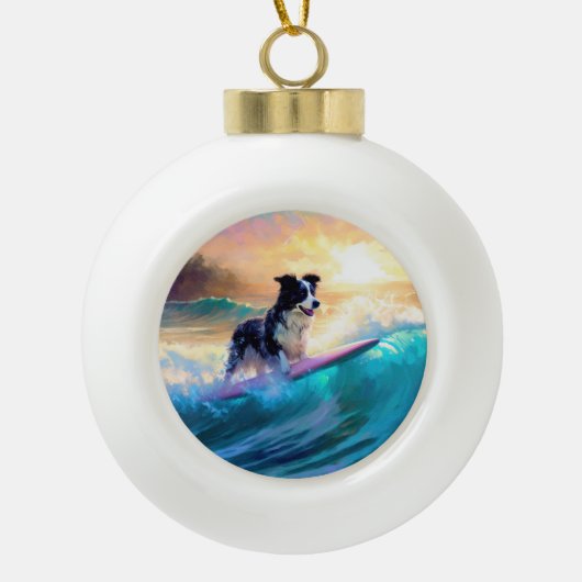 Grens Collie Beach Surfen schilderij Keramische Bal Ornament (Voorkant)