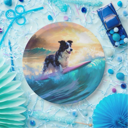 Grens Collie Beach Surfen schilderij Papieren Bordje (Feest)