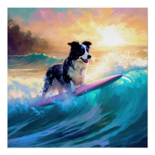 Grens Collie Beach Surfen schilderij Perfect Poster (Voorkant)