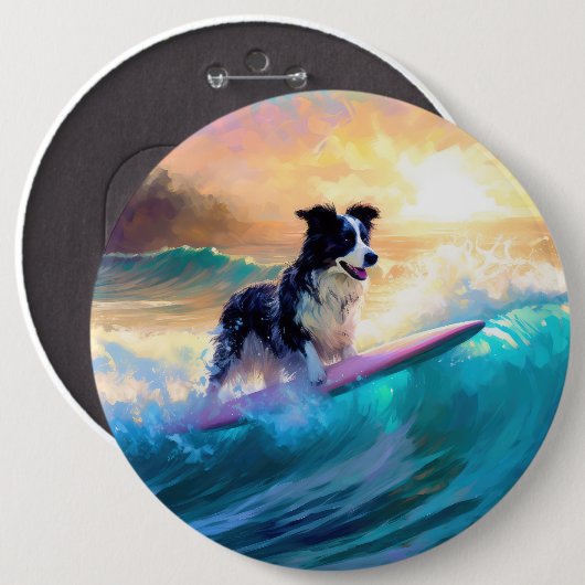 Grens Collie Beach Surfen schilderij Ronde Button 6,0 Cm (Voorkant /achterkant)