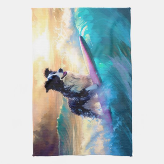 Grens Collie Beach Surfen schilderij Theedoek (Verticaal)