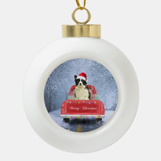 Grens Collie Dog in sneeuw, kerstmis Keramische Bal Ornament (Voorkant)