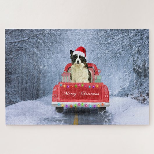 Grens Collie Dog in sneeuw, kerstmis Legpuzzel (Horizontaal)
