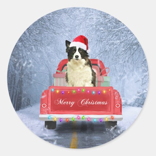 Grens Collie Dog in sneeuw, kerstmis Ronde Sticker (Voorkant)