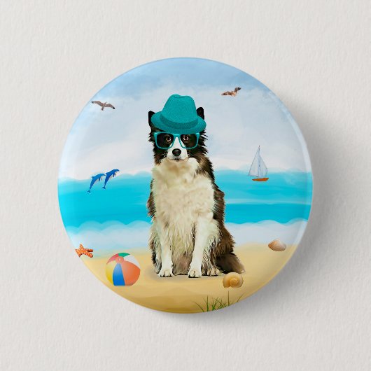 Grens Collie Dog op Beach Sierkussen Ronde Button 5,7 Cm (Voorkant)