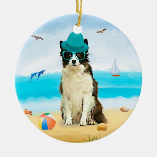 Grens Collie Dog op strand Keramisch Ornament (Voorkant)