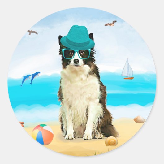 Grens Collie Dog op strand Ronde Sticker (Voorkant)