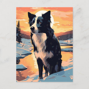 Grens Collie in het besneeuwde bos tijdens zonsond Briefkaart