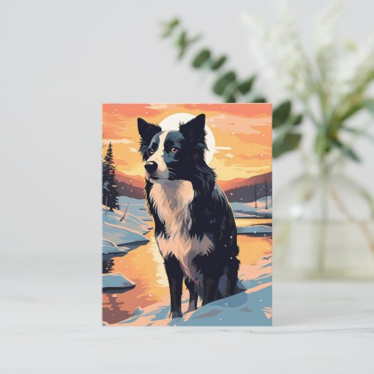 Grens Collie in het besneeuwde bos tijdens zonsond Briefkaart (Staand voorkant)
