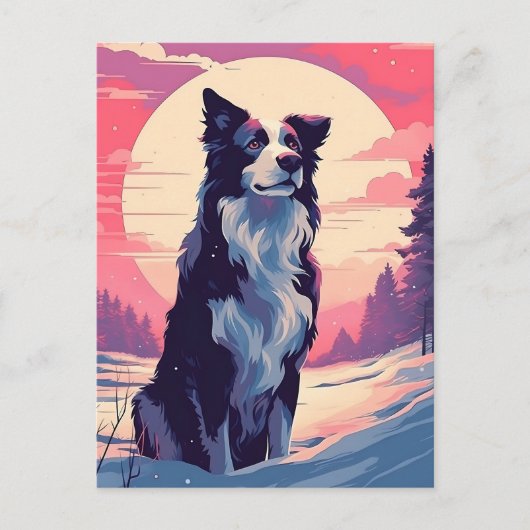 Grens Collie in het besneeuwde bos tijdens zonsond Briefkaart (Voorkant)