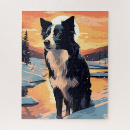 Grens Collie in het besneeuwde bos tijdens zonsond Legpuzzel