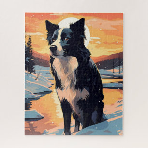 Grens Collie in het besneeuwde bos tijdens zonsond Legpuzzel